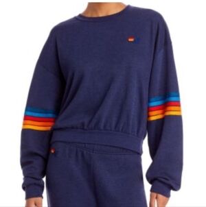 Aviator Nation Striped Rainbow Crew Neck Sweatshirt Sweater Navy Blue Large
